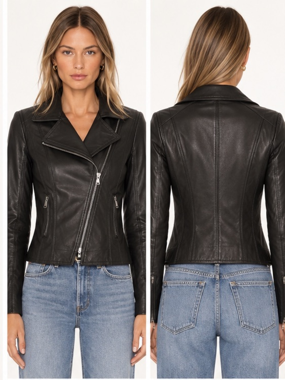 Schyia Black lamb Leather Moto Jacket US 4 Fitted Asymmetrical Zip  biker